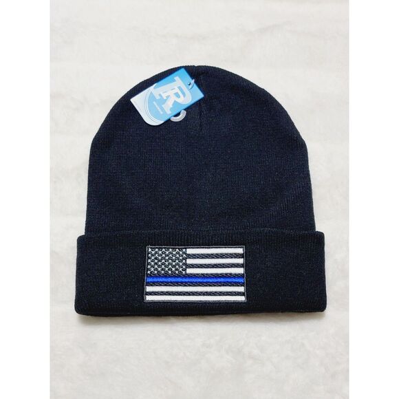Thin Blue Line Flag Winter Hat Black Police Knit Cap USA One Size - Picture 1 of 2